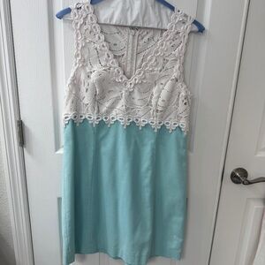 Lilly Pulitzer Sandi Stretch Shift Dress – White & Aqua – Size 12